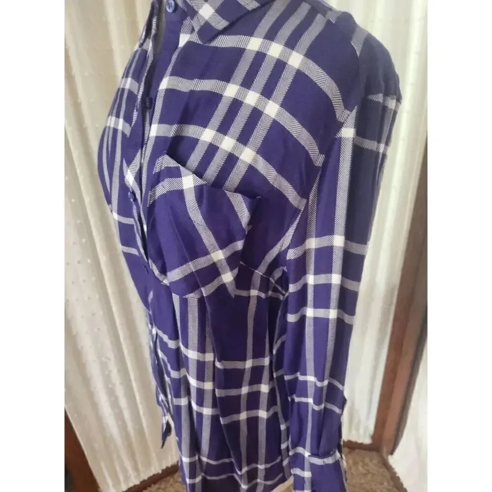 U15 Staccato Purple & White plaid button-up Shirt-Roll Tab Sleeves Chest Pocket